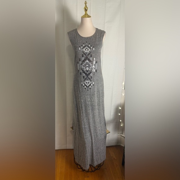 Express Women’s Sleeveless Maxi Dress Small Gray Aztec Tribal Sequin Bodycon - Picture 1 of 6